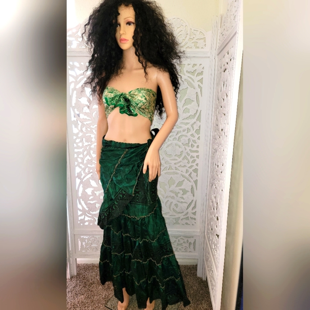 Exotic Boho Silk Hunter Green Reversible Wrap Maxi Skirt - Picture 2 of 11